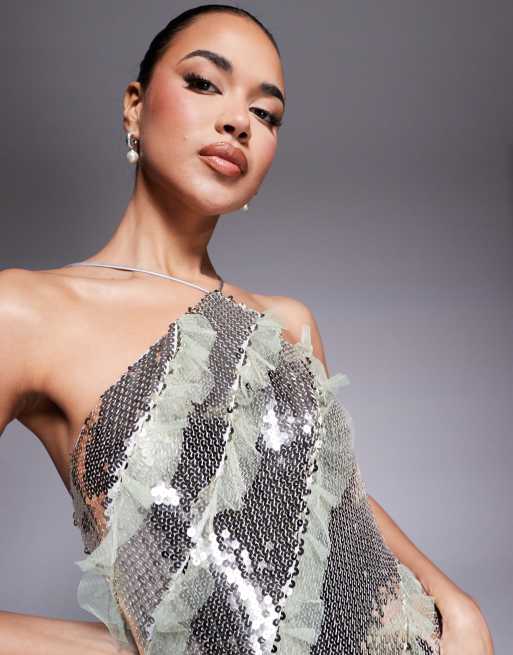 ASOS DESIGN halterneck sequin maxi dress in silver sequin with mesh ruffle inserts in silver