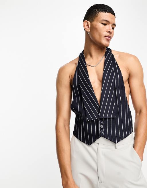 ASOS DESIGN halterneck skinny striped vest in navy