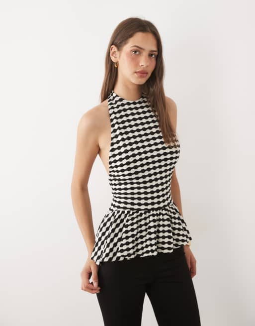 ASOS DESIGN halterneck textured crochet top with peplum in black and white gingham, 2 of 4
