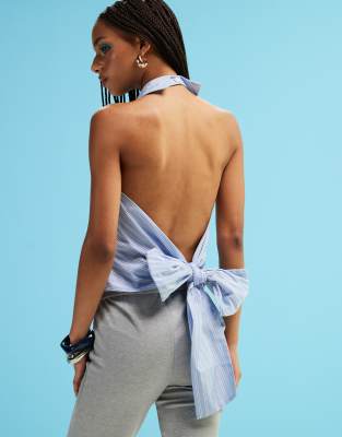 Asos Design Halterneck Tie Back Poplin Top In Multi