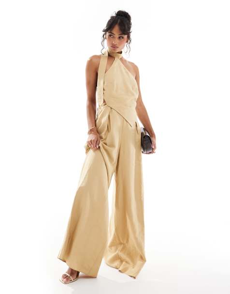 ASOS DESIGN halterneck tie detail wide leg jumpsuit in brown - view 1