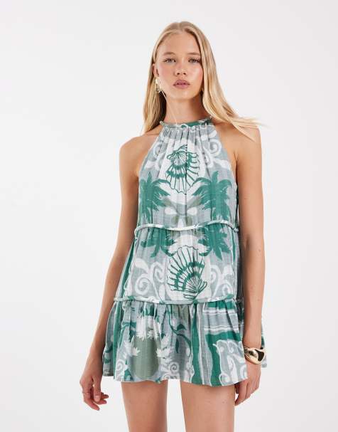 ASOS DESIGN halterneck tiered mini sundress with chunky binding in mixed blue print - view 1