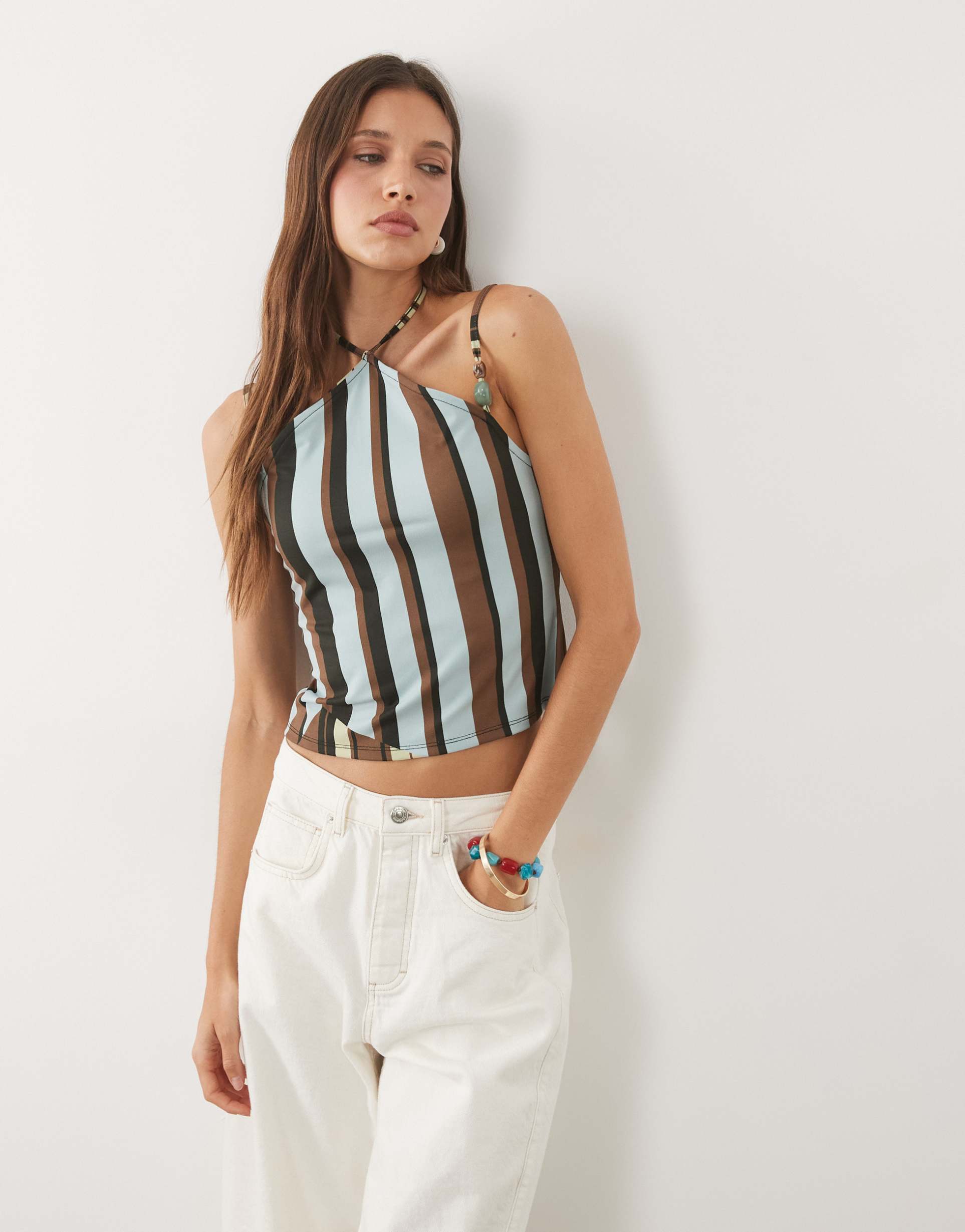 asos design halterneck top in striped print