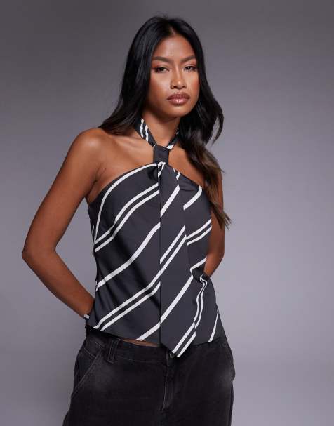 ASOS DESIGN - Halterneck-top med bindebåndsdetalje og striber - view 1