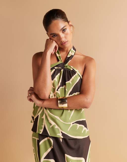 ASOS DESIGN halterneck top with fringing in palm print (Part of a set)