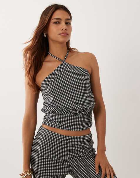 ASOS DESIGN halterneck-topp med knytning i svartvitt gingham - view 1
