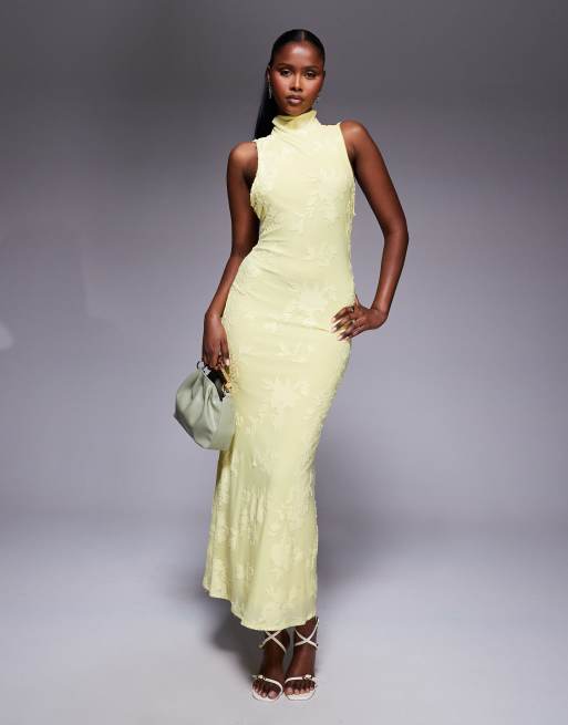 ASOS DESIGN halterneck with open back with drape detail maxi dress in yellow