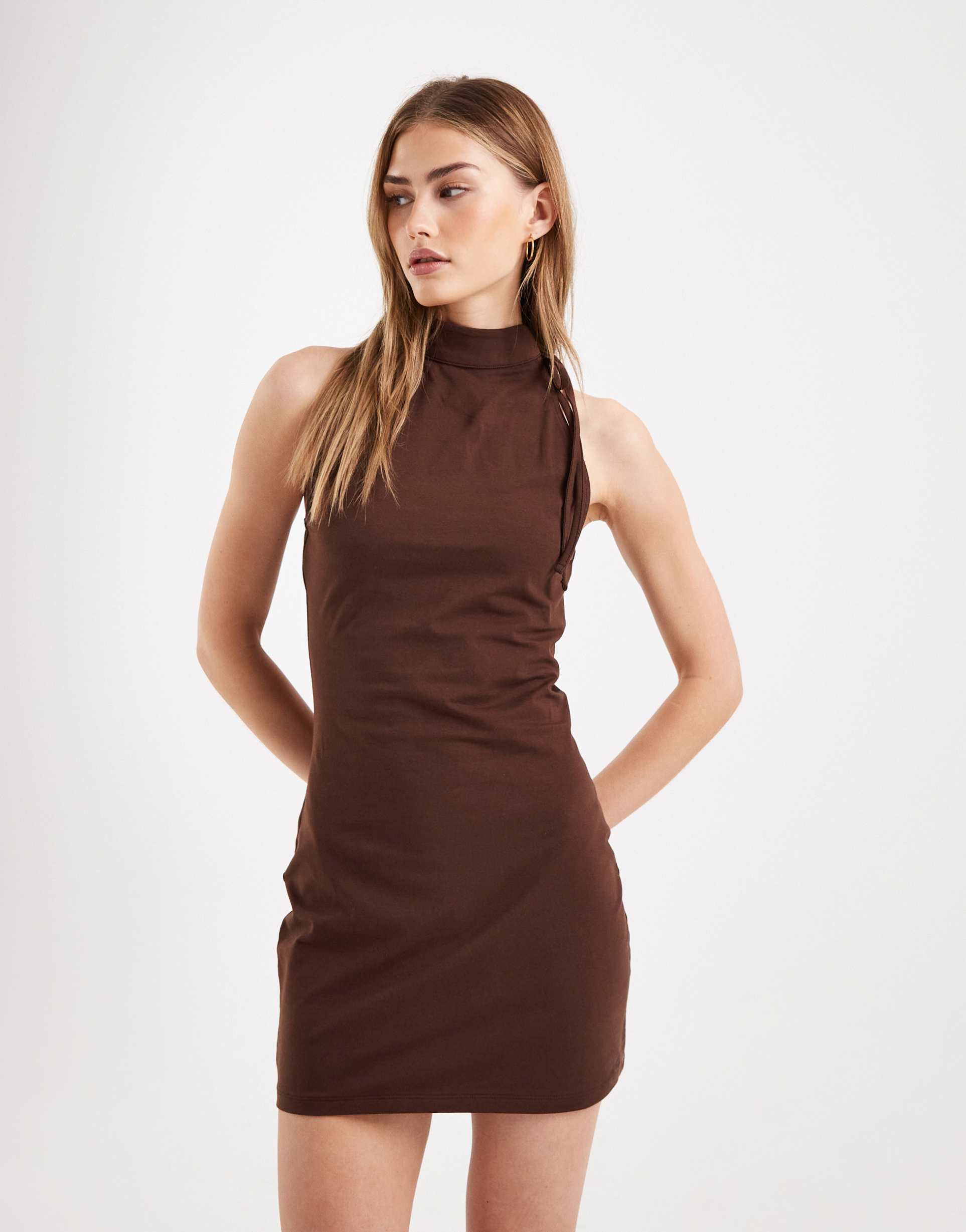 asos design halterneck with tie detail mini dress in brown
