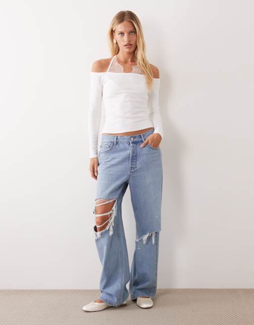 ASOS DESIGN halternek top met kanten rand in wit, 2 van 4