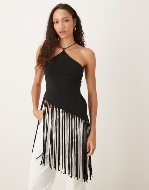 ASOS DESIGN - Haltertop met franjes en lange pasvorm in zwart - view 1