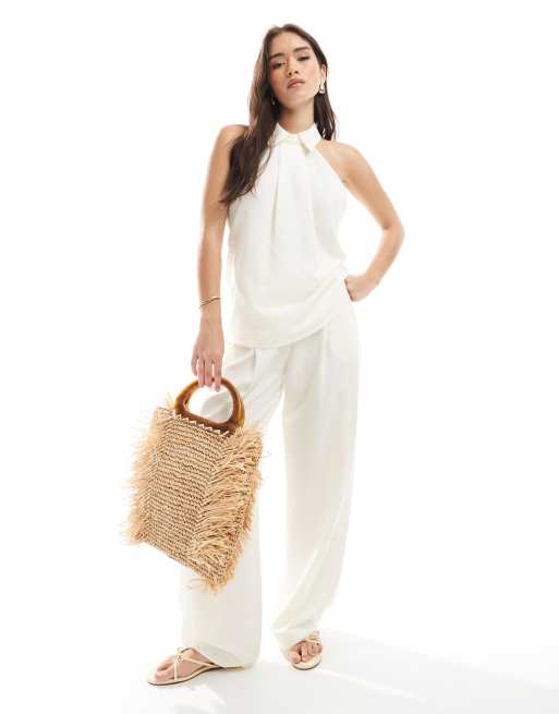 ASOS DESIGN - Haltertop met kraagje in ecru, deel van co-ord set, 2 van 4