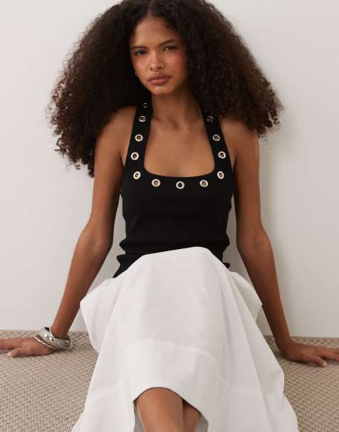 ASOS DESIGN - Haltertop met oogjes en studs in zwart - view 1