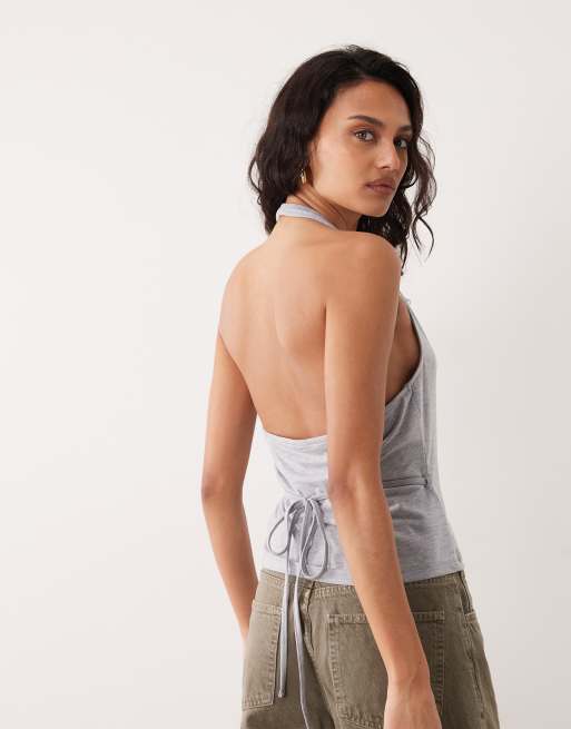 ASOS DESIGN - Haltertop met overslag en gestrikte detail in gemêleerd grijs, 3 van 4