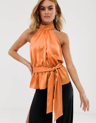 ASOS DESIGN halter top with tie detail in satin-Tan Tan