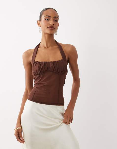 ASOS DESIGN - Haltertop met vierkante hals, korsetlook en gerimpelde details in bruin - view 1