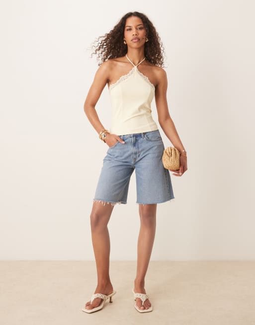 ASOS DESIGN - Haltertop van gladde stof met kanten rand in lichtgeel , 2 van 4