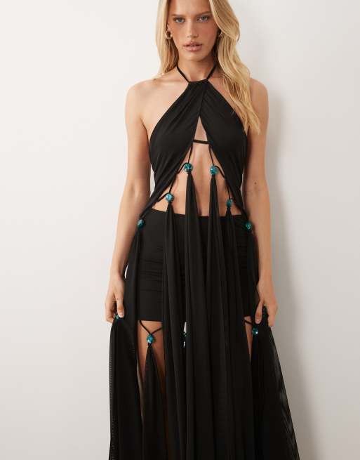ASOS DESIGN - Haltertop van mesh met franjes en kralen in zwart, 3 van 4