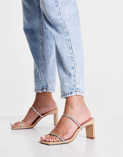 ASOS DESIGN Hamilton mid heeled mules in beige and silver