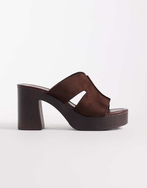 ASOS DESIGN Hamlet cut out detailing platform heeled mules in chocolate suedette - view 1