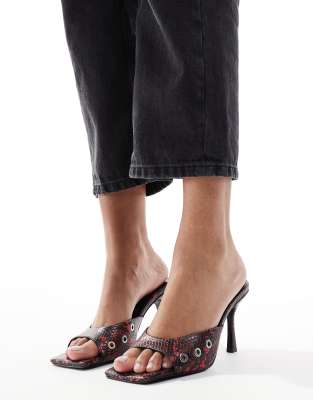 Asos Design Hammer Eyelet Detail Mid Heeled Mules In Red Snake