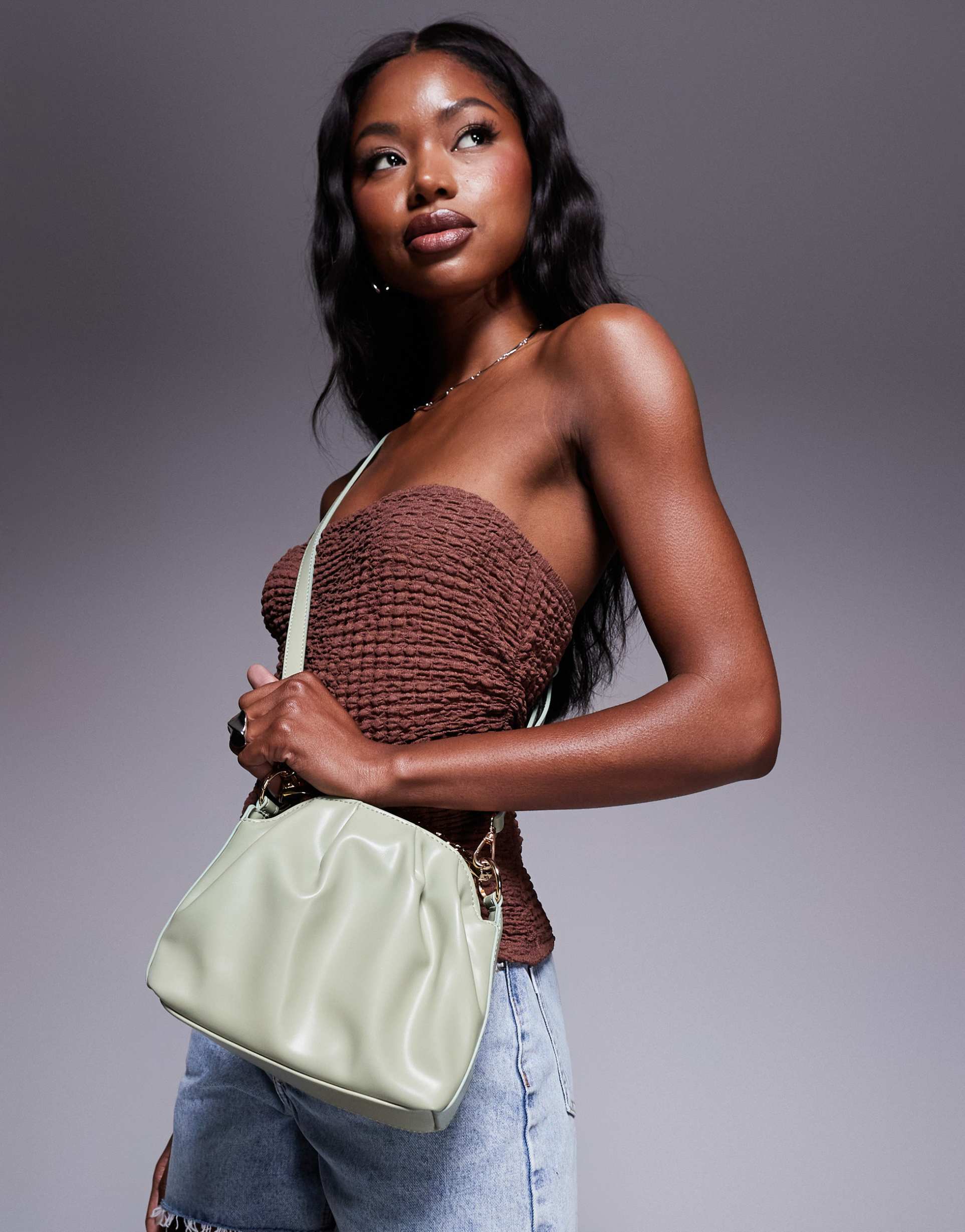 asos design hammered metal top handle grab bag in green with detachable cross-body strap