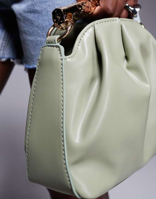 ASOS DESIGN hammered metal top handle grab bag in green with detachable cross body strap, 3 of 4