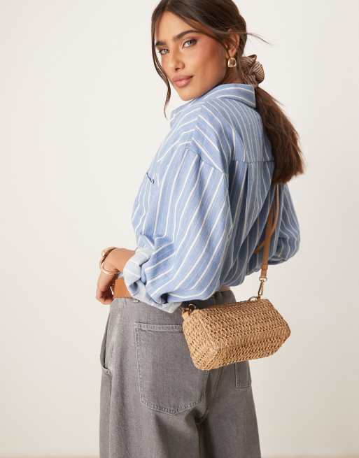 ASOS DESIGN hammered top handle straw grab bag with detachable crossbody strap