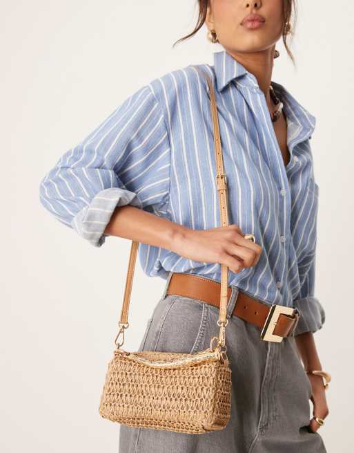 ASOS DESIGN hammered top handle straw grab bag with detachable crossbody strap