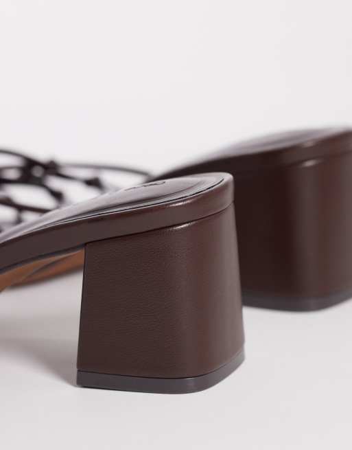 ASOS DESIGN Hana strappy knotted block heeled mules in chocolate, 4 of 4