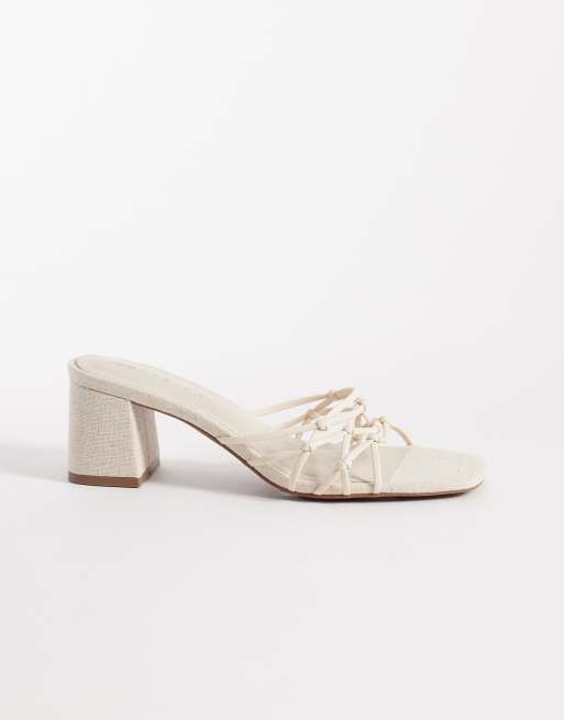 ASOS DESIGN Hana strappy knotted block heeled mules in natural linen, 2 of 4