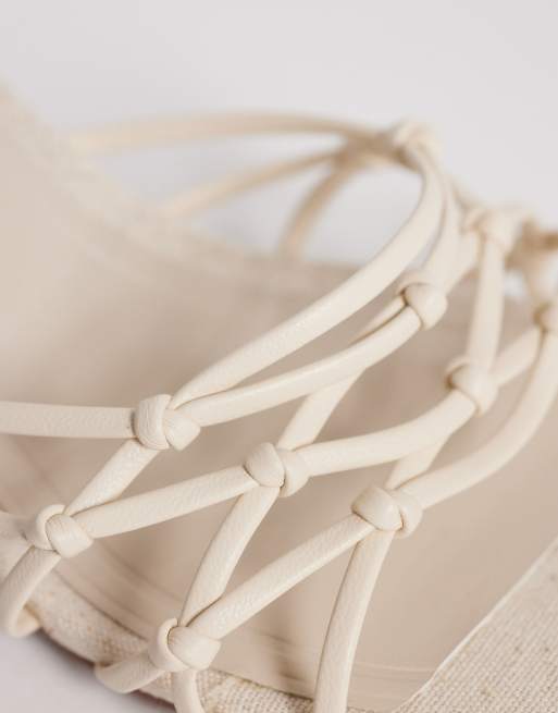 ASOS DESIGN Hana strappy knotted block heeled mules in natural linen, 3 of 4