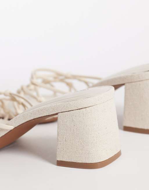 ASOS DESIGN Hana strappy knotted block heeled mules in natural linen, 4 of 4