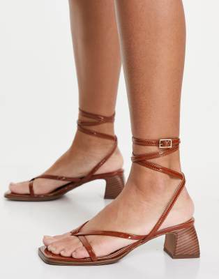 Asos Design Wide Fit Hana Toe Thong Mid Heeled Sandals In Tan