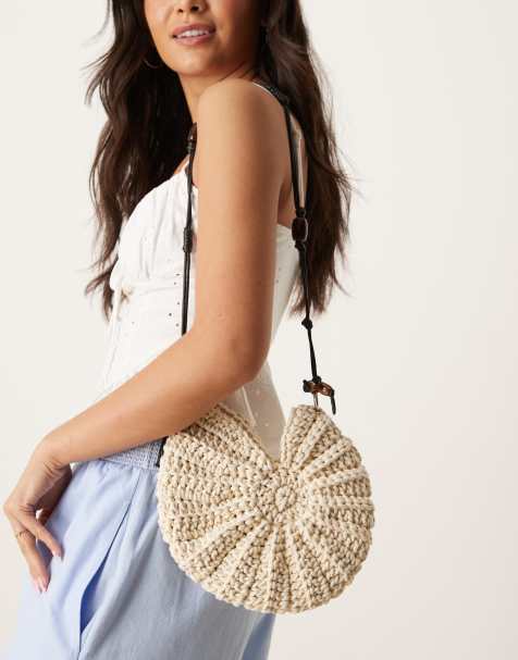 ASOS DESIGN hand crochet ammonite shell crossbody bag with bead handle in cream - view 1