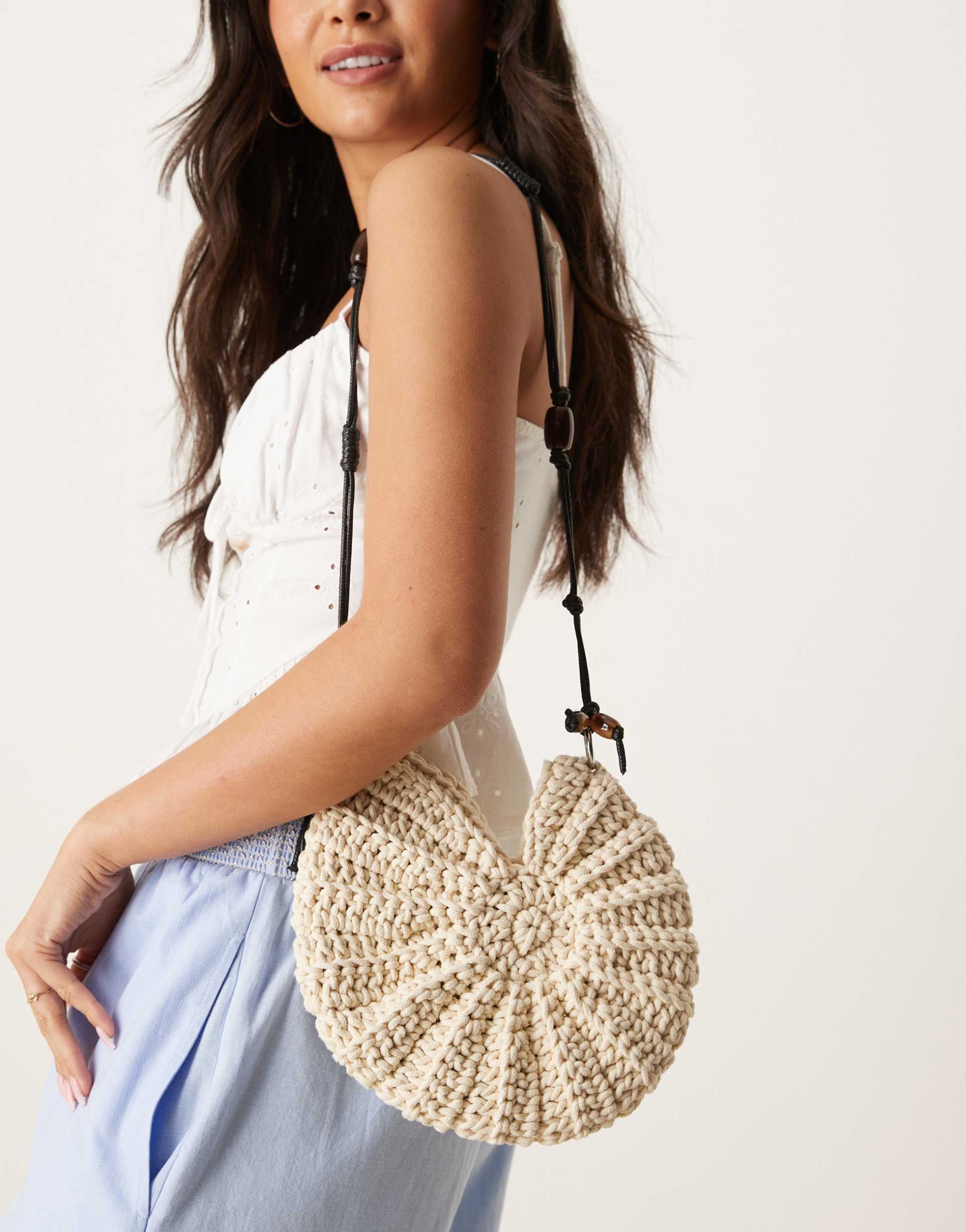 asos design hand crochet ammonite shell crossbody bag with bead handle in cream
