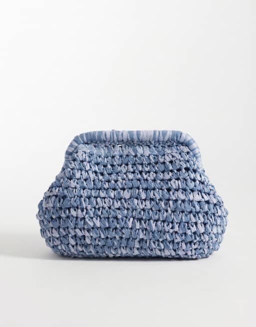 ASOS DESIGN hand crochet straw frame clutch bag with detachable crossbody strap in blue, 5 of 7