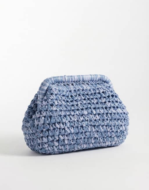 ASOS DESIGN hand crochet straw frame clutch bag with detachable crossbody strap in blue, 6 of 7