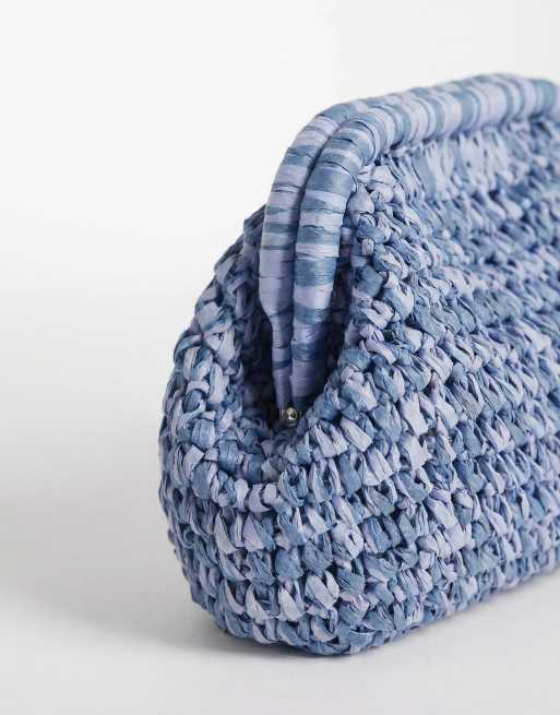 ASOS DESIGN hand crochet straw frame clutch bag with detachable crossbody strap in blue, 7 of 7