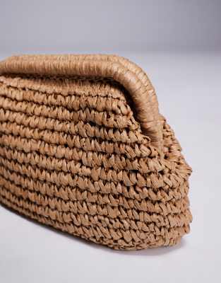 Asos Design Hand Crochet Straw Frame Clutch Bag With Detachable Crossbody Strap-brown
