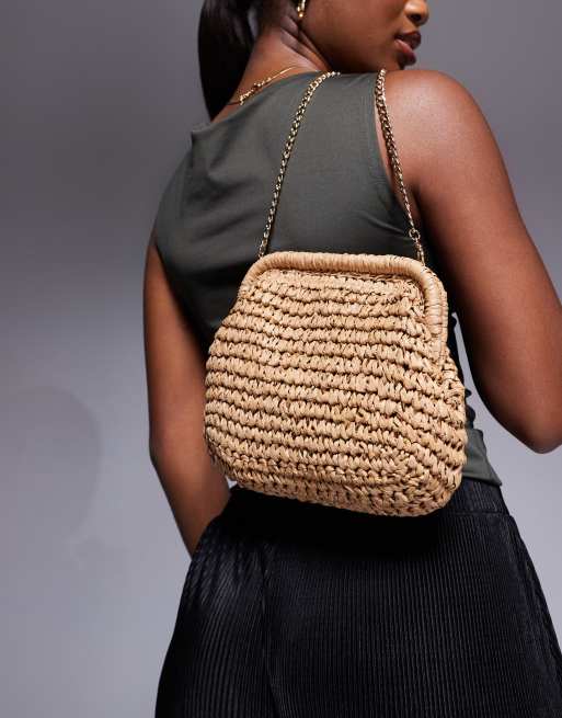 ASOS DESIGN hand crochet straw frame clutch bag with detachable