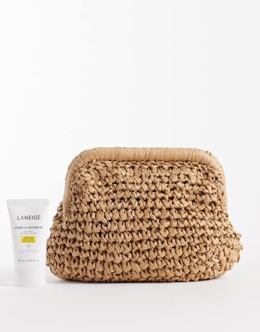 ASOS DESIGN hand crochet straw frame clutch purse with detachable crossbody strap in natural, 2 of 4