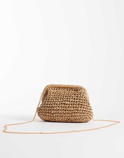 ASOS DESIGN hand crochet straw frame clutch purse with detachable crossbody strap in natural, 4 of 4