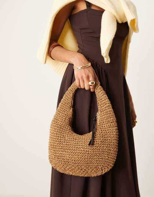 ASOS DESIGN hand crochet straw shoulder bag in brown