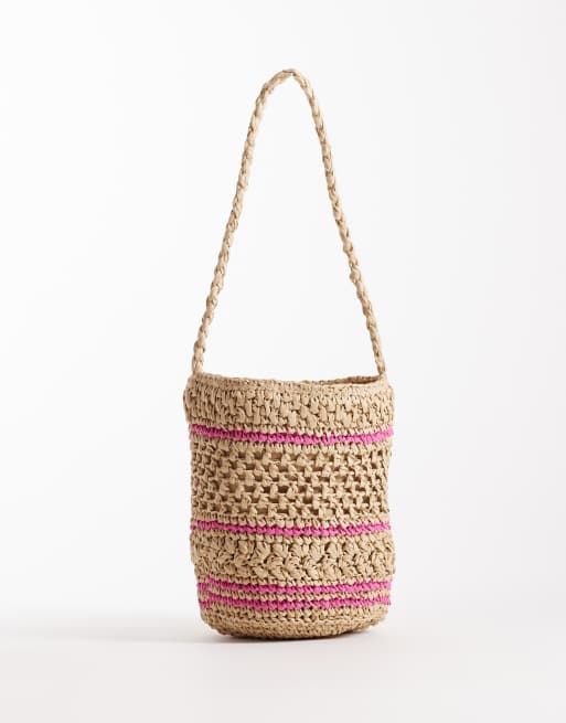 ASOS DESIGN hand-crocheted straw bucket bag with floral detailing in natural, 3 of 4