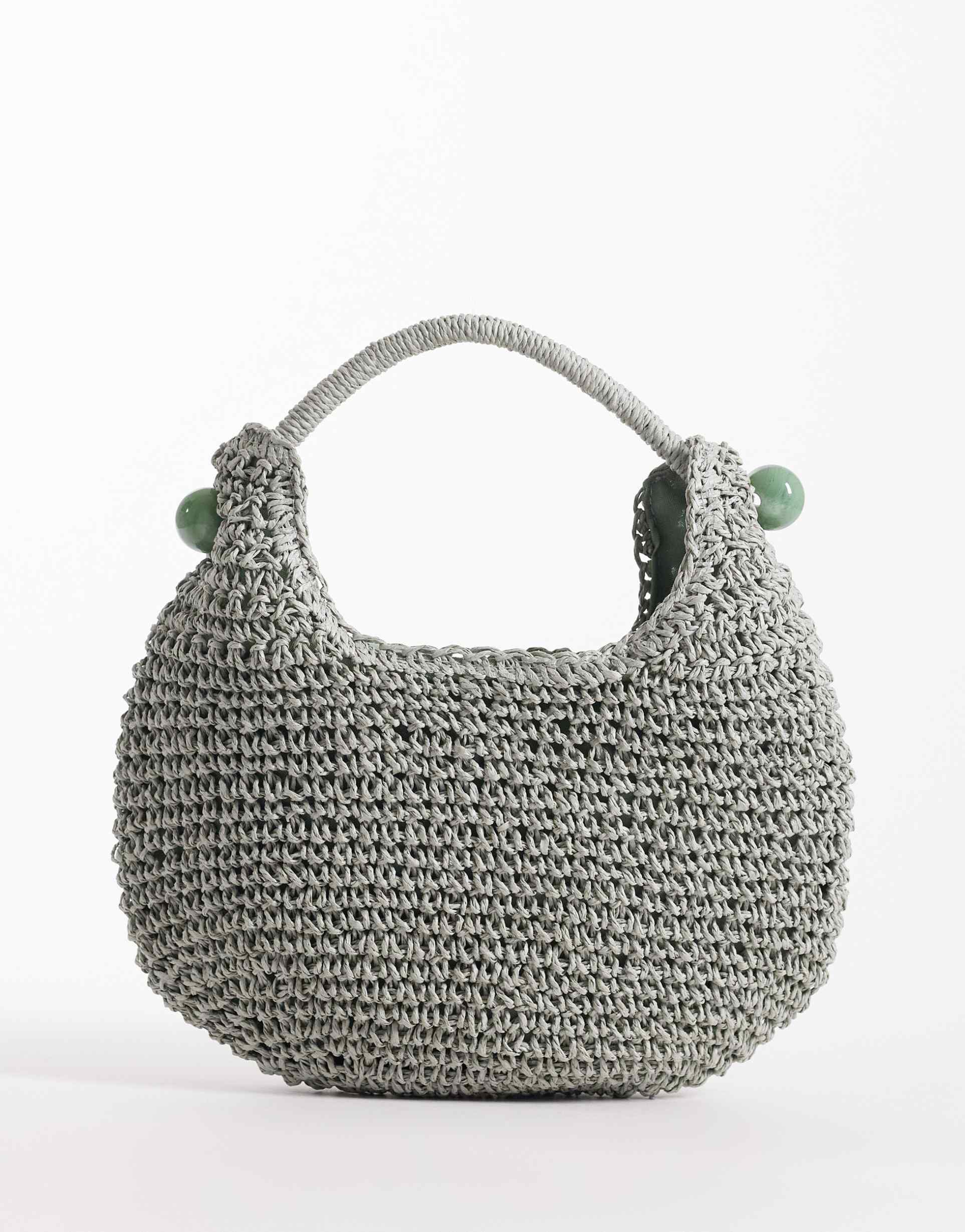 asos design hand-crocheted straw scoop purse with resin ball detail in blue