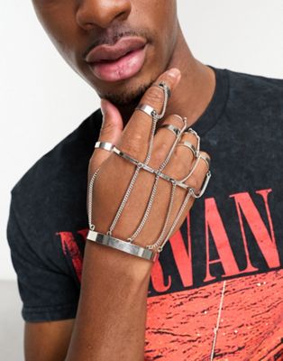 ASOS DESIGN hand harness with cuff and chain detail in silver tone