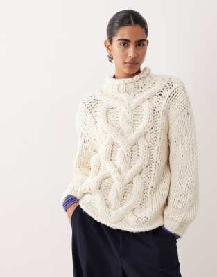 Asos Design Hand Knit Chunky Cable Crew Neck Sweater In White