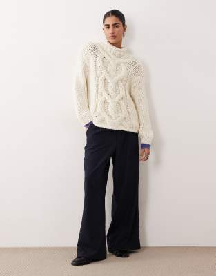 Asos Design Hand Knit Chunky Cable Crew Neck Sweater In White