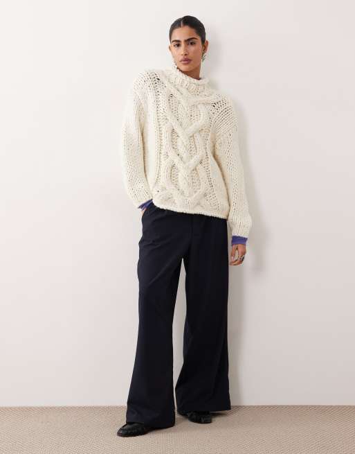 ASOS DESIGN hand knit chunky cable crew neck sweater in cream, 2 of 4