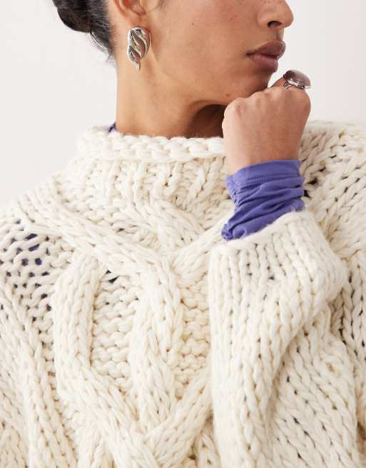 ASOS DESIGN hand knit chunky cable crew neck sweater in cream, 4 of 4